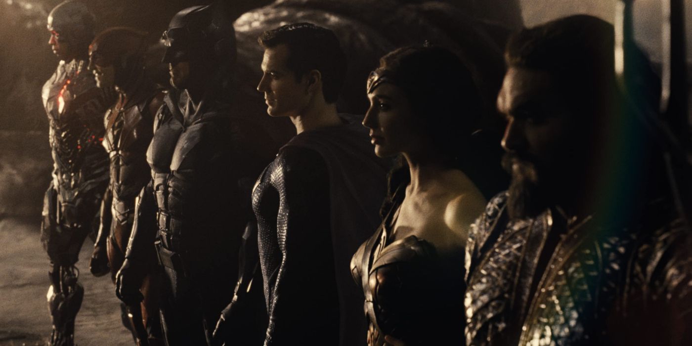 Still of Zack Snyder's Justice League featuring its 6 members lined up together.