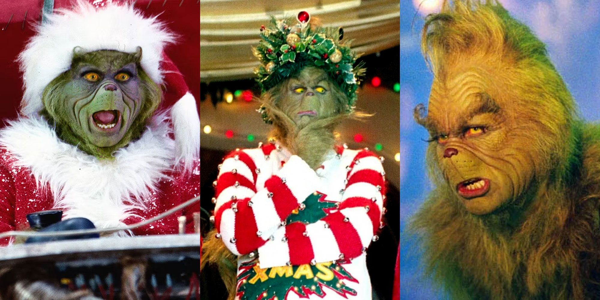 Split image of the Grinch in the live-action How the Grinch Stole Christmas