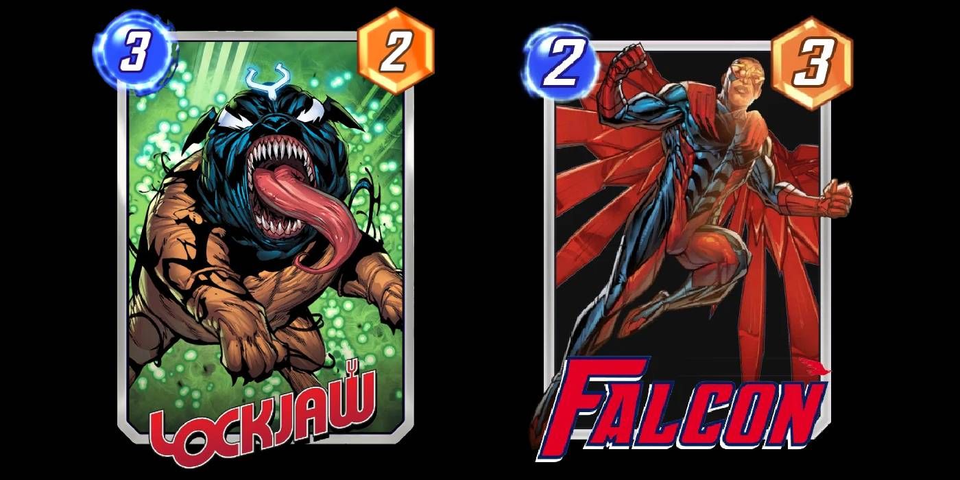 Cartões Marvel Snap Lockjaw e Falcon, com Variant Venomized Lockjaw