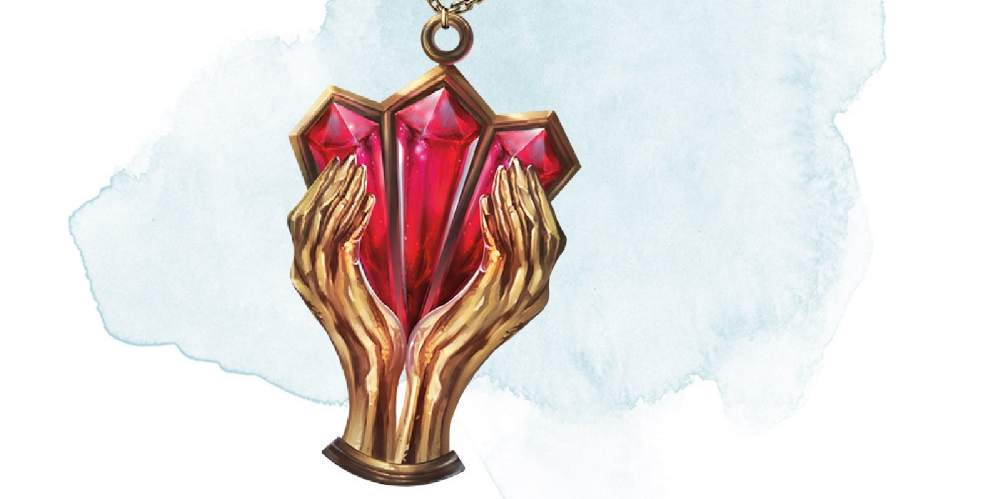 The Periapt of Wound Closure in 5e, a red gem on a necklace clasped by golden hands.