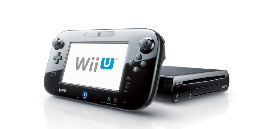 Promotional image of the Wii U, with the gamepad propped up in front of the console on a white background.