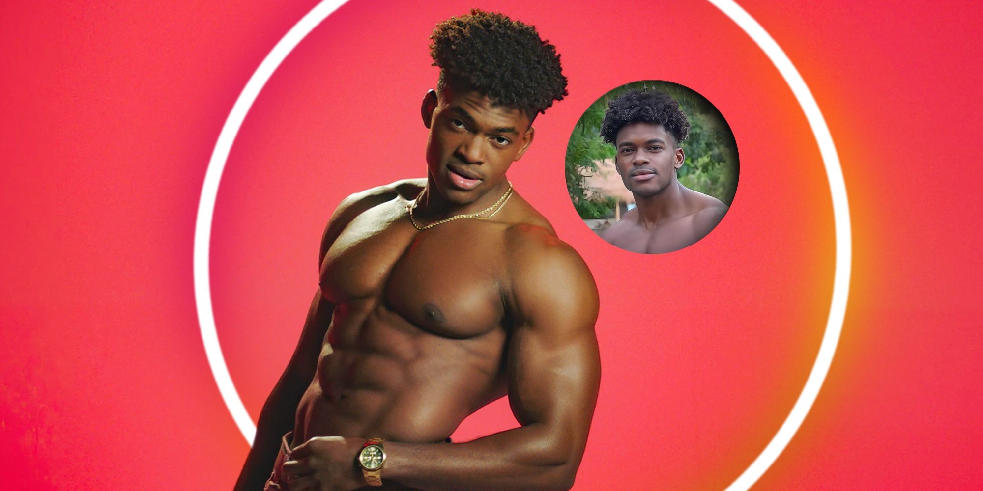 Marvin Achi poses shirtless in a promotional image for The Circle season 5.