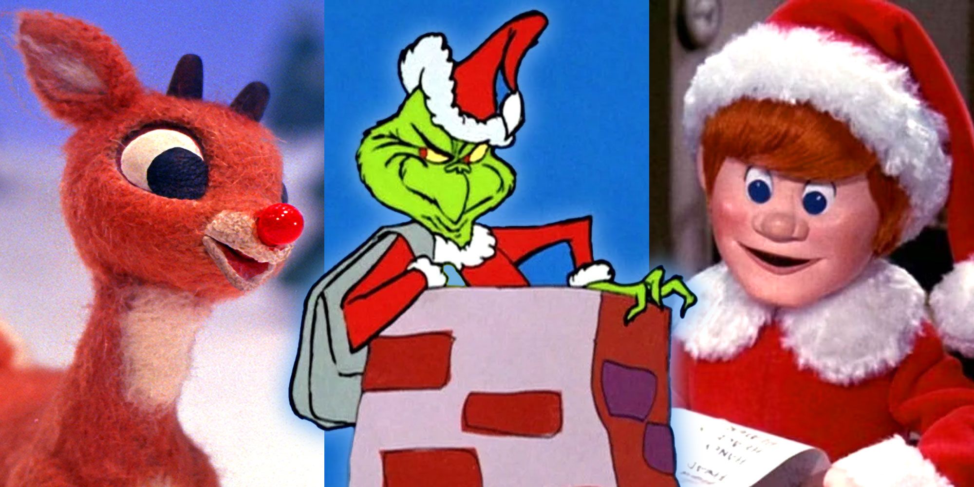 Split image of Rudolph, the Grinch and Santa Claus is Comin' to Town