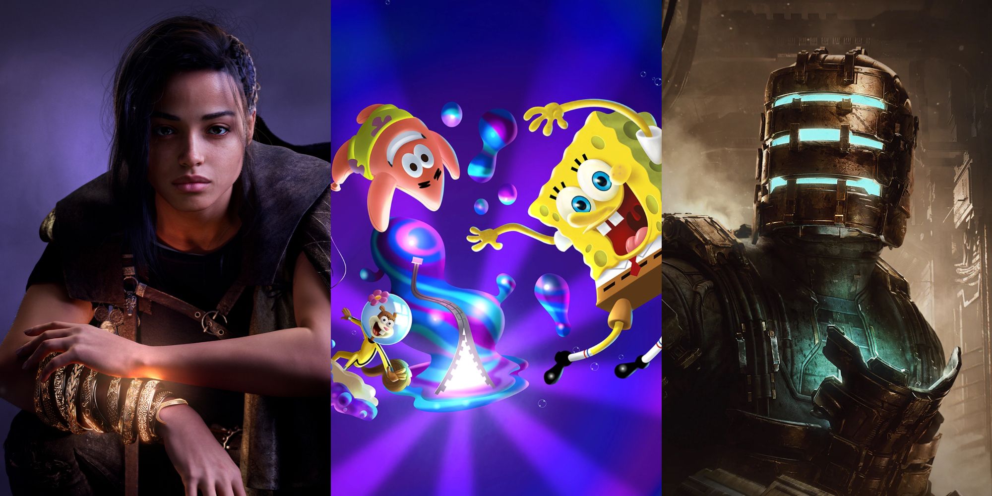 A split image of characters from three games releasing in January 2022: Frey from Forspoken, SpongeBob SquarePants: The Cosmic Shake's SpongeBob, Patrick, and Sandy, and Isaac Clarke from the Dead Space remake.