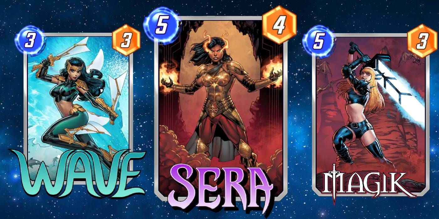 Marvel Snap Sera, Wave, and Magik Cards with Energy and Power Values Displayed