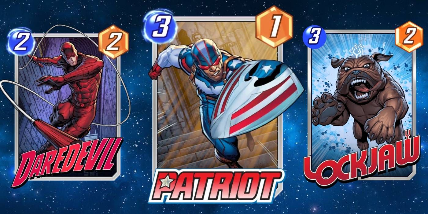 Marvel Snap Daredevil, Patriot e Jockjaw Cards com custo de energia e poder exibidos