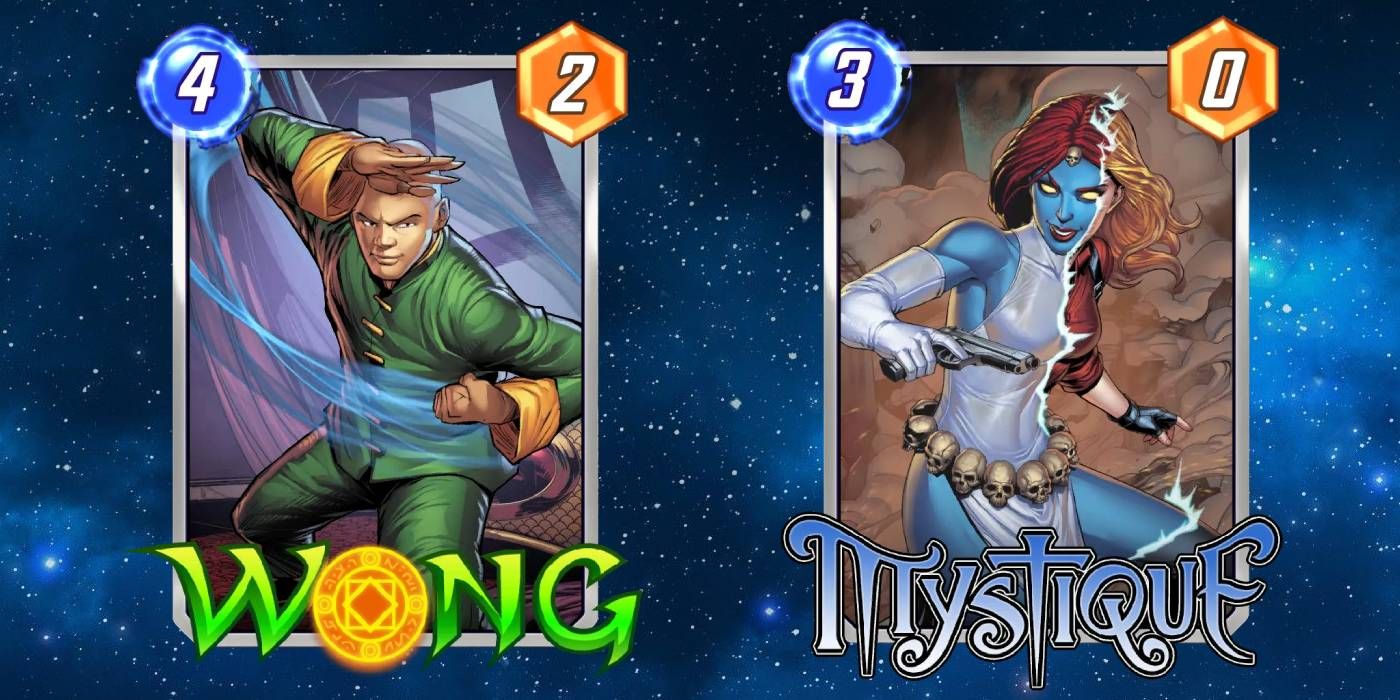 Marvel Snap Wong and Mystique Cards with Energy Cost and Power Values Displayed