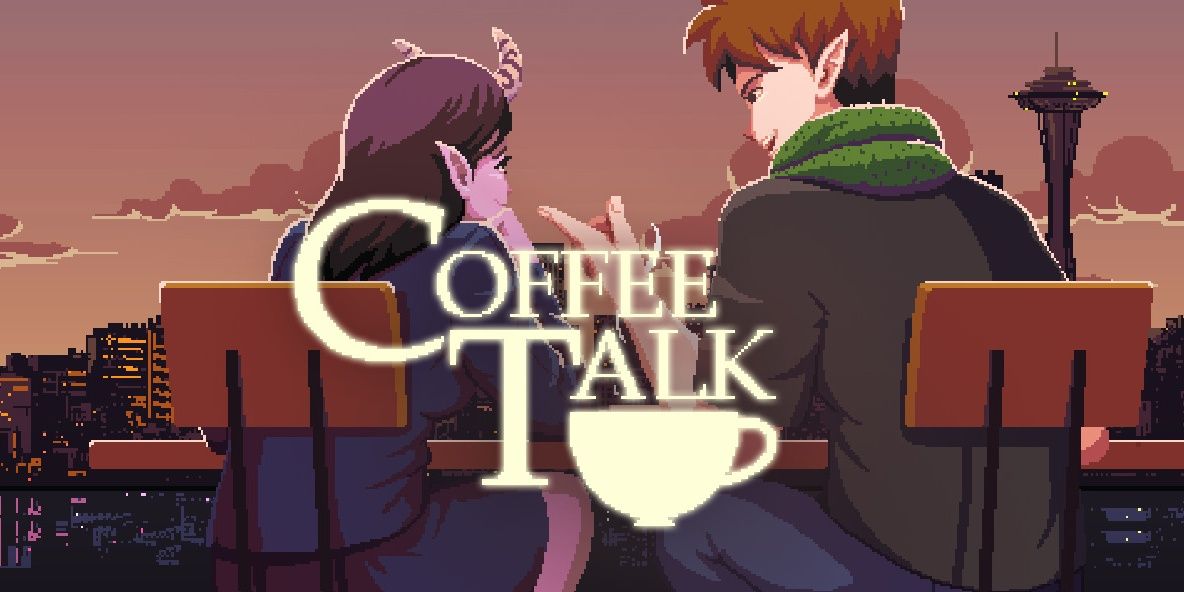 Duas pessoas sentadas e conversando em frente ao horizonte de Seattle com o logotipo Coffee Talk