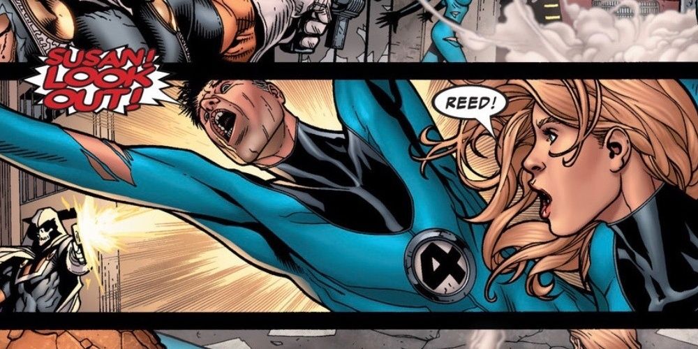 Cropped Sue Storm screams for Reed Richards as Dr. shoots him.  Doom
