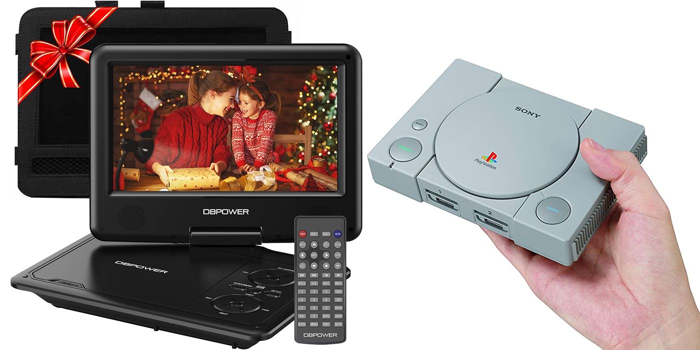 Split image of a portable DVD player and the Sony PlayStation Classic in hand
