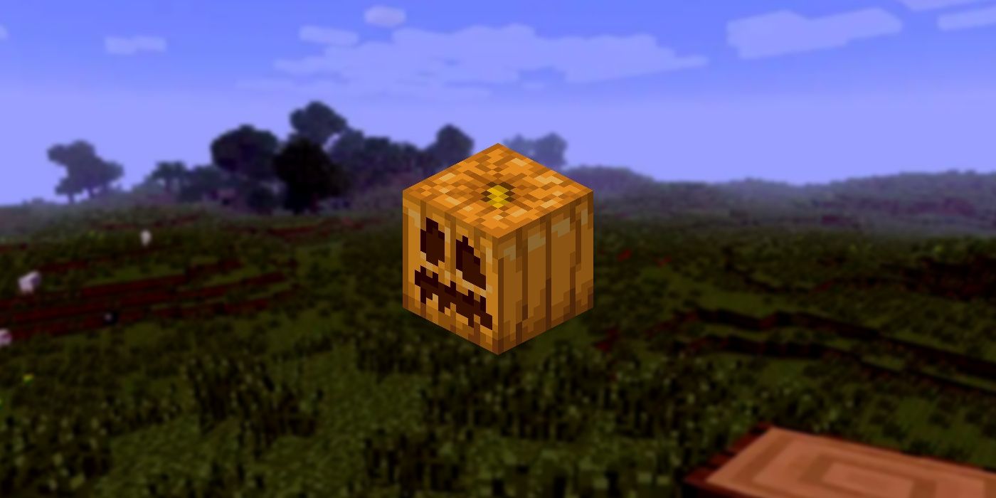 A Carved Pumpkin in Minecraft superimposed over an empty landscape