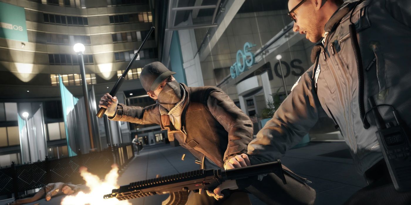 A battle screenshot from Watch Dogs 2 with Aiden using the retractable baton