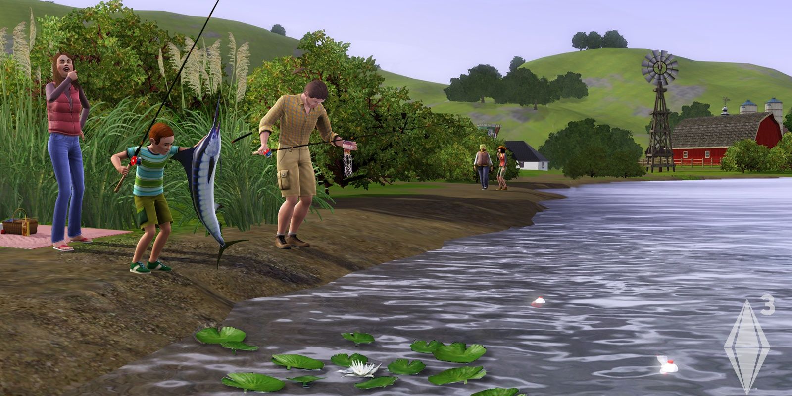 A family goes fishing in The Sims 3