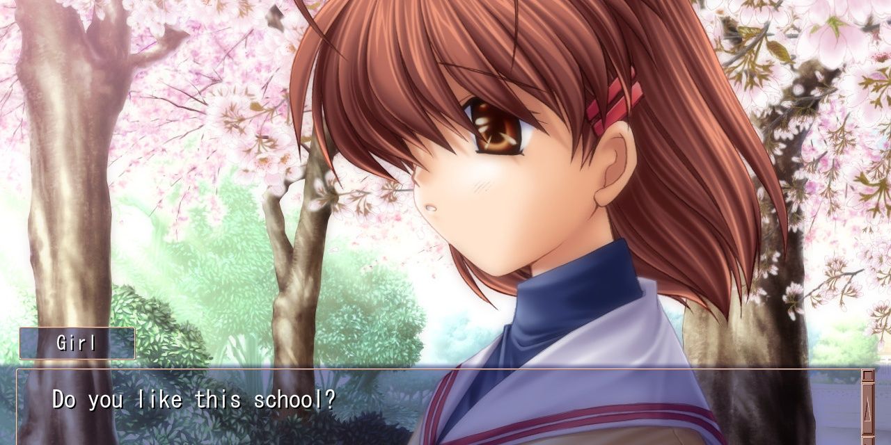 Uma garota faz uma pergunta enquanto parece pensativa no romance visual de Clannad no Steam