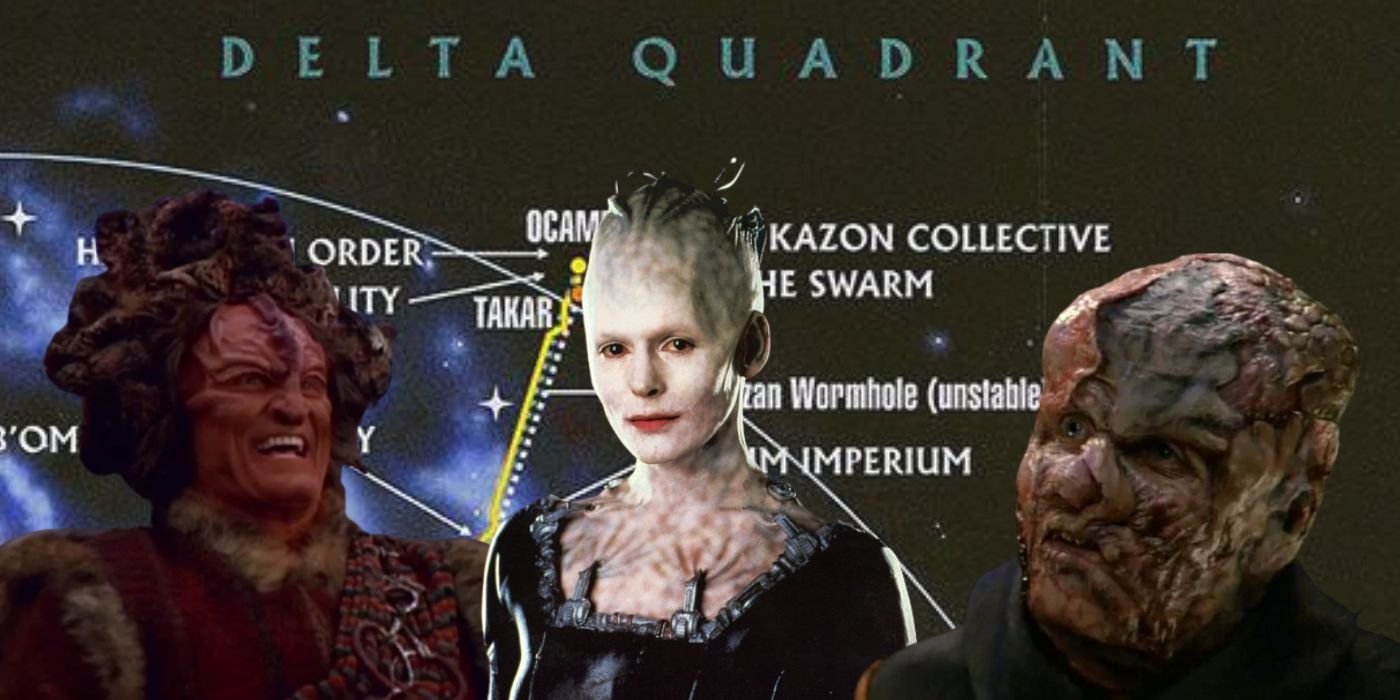 Um Kazon, Borg e Viidian com o mapa do Quadrante Delta ao fundo