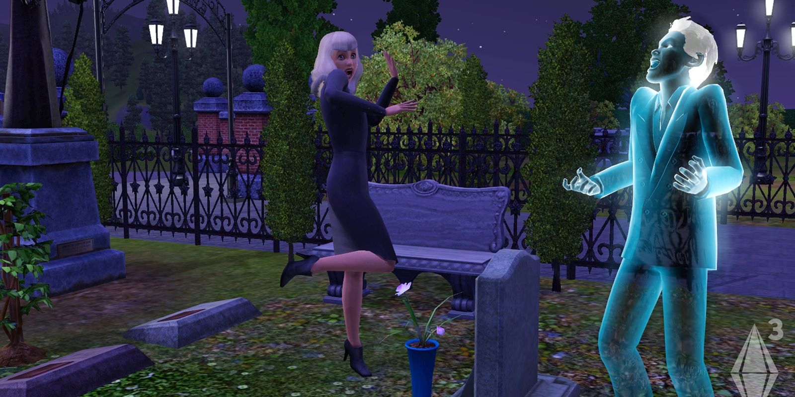 A laughing ghost scares a woman in The Sims 3