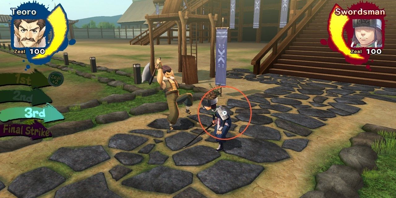 Um homem se prepara para acertar um menino com um machado em Utawarerumono Prelude to the Fallen