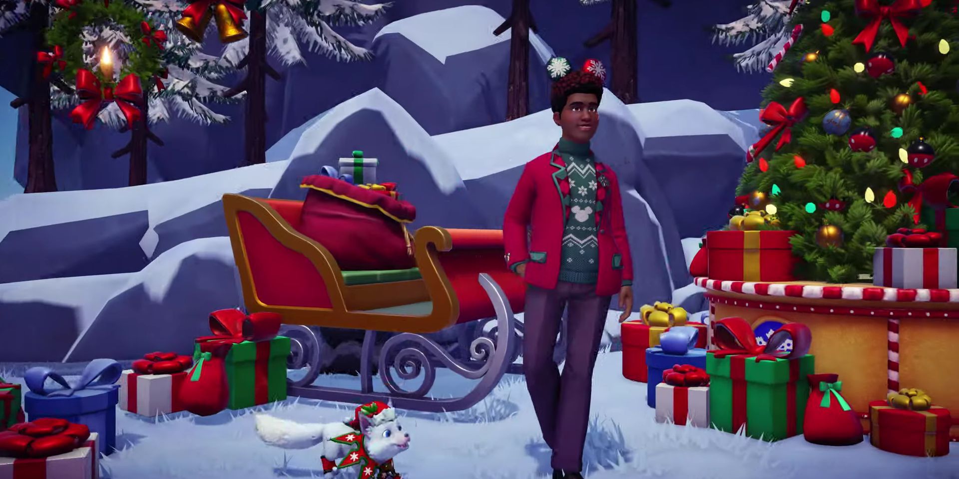 A player poses in holiday gear in Disney Dreamlight Valley