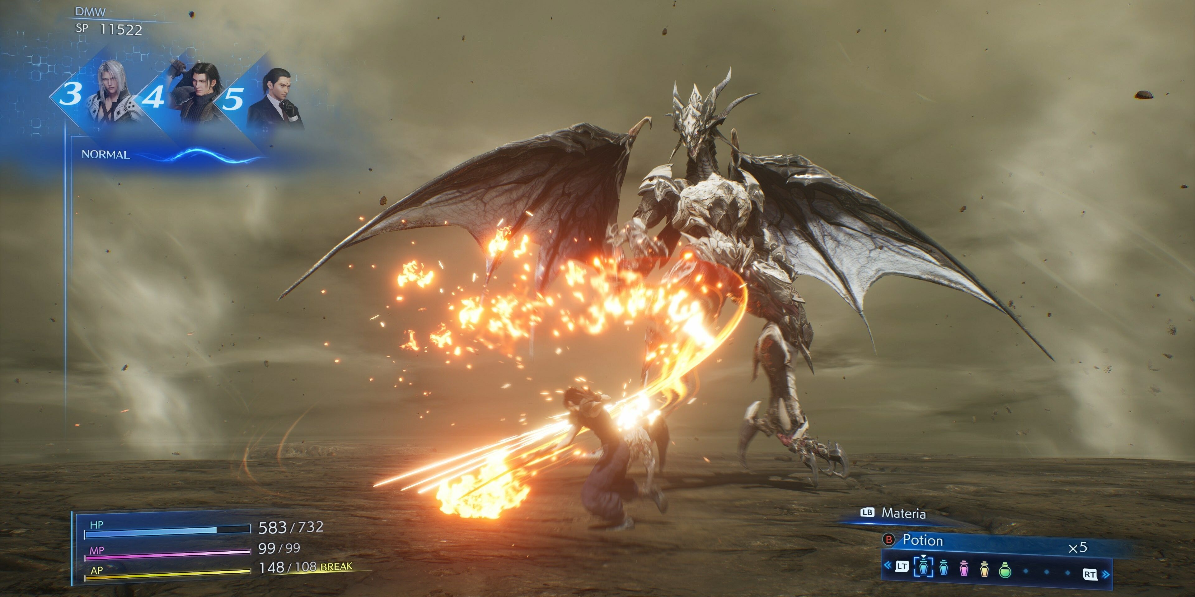 Uma captura de tela da IU de batalha em Crisis Core Final Fantasy 7 Reunion