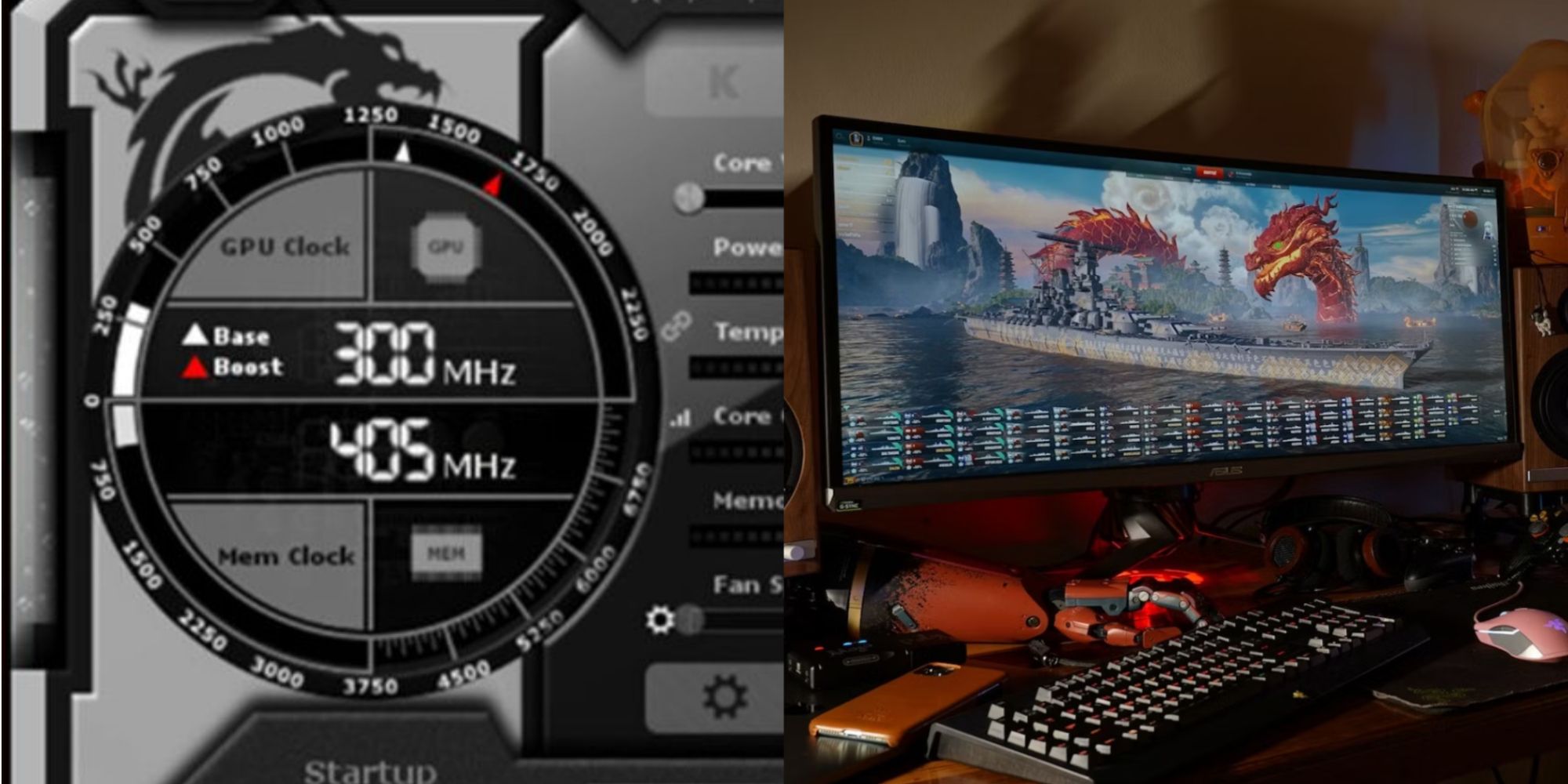 A split image of a gaming PC and a gpu monitoring program