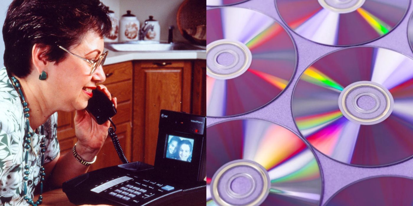 A split image of a woman using a video telephone and CDs 