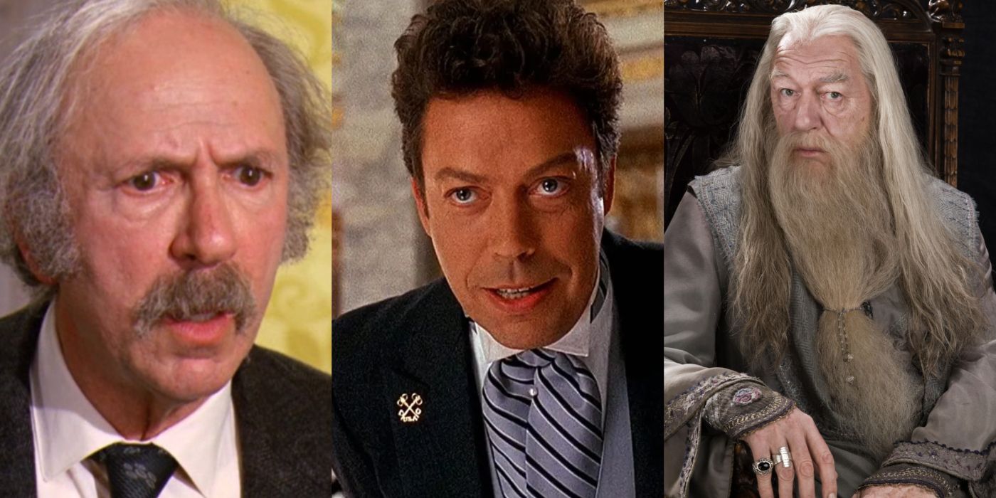 A split image of Grandpa Joe, Mr. Hector and Dumbledore