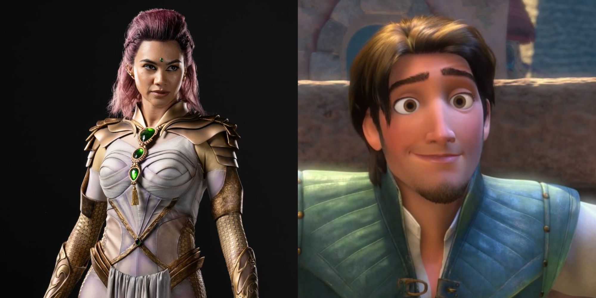A split image of Jinx in Titans and Flynn Rider in Tangled