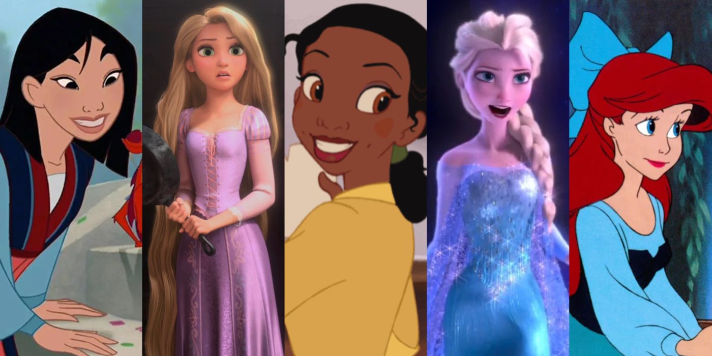 A split image of Mulan, Rapunzel, Tiana, Elsa, and Ariel from Disney