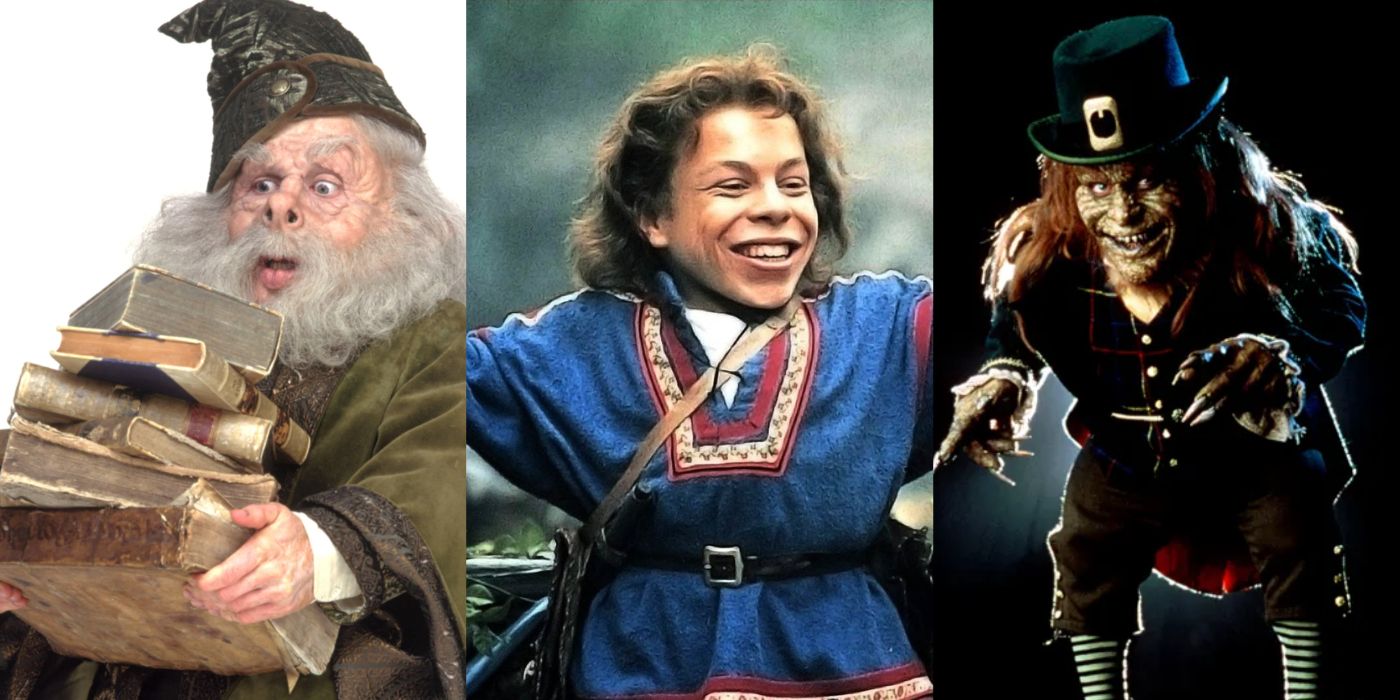 A split image of Professor Flitwick, Willow, and The Leprechaun
