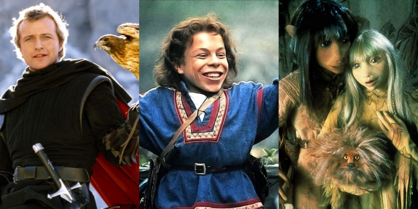 A split image of the films Ladyhawke, Willow, and Dark Crystal