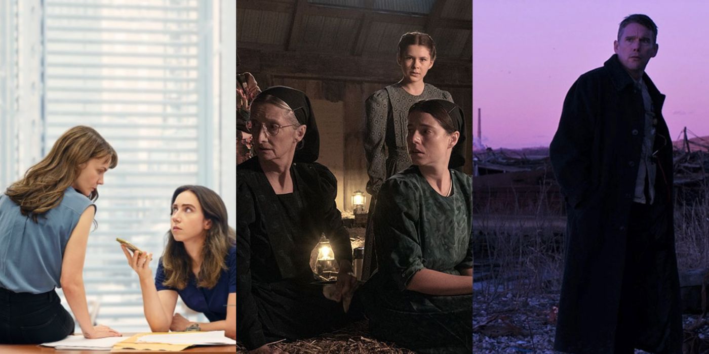 A split image of the flims She Said, Women Talking, and First Reformed
