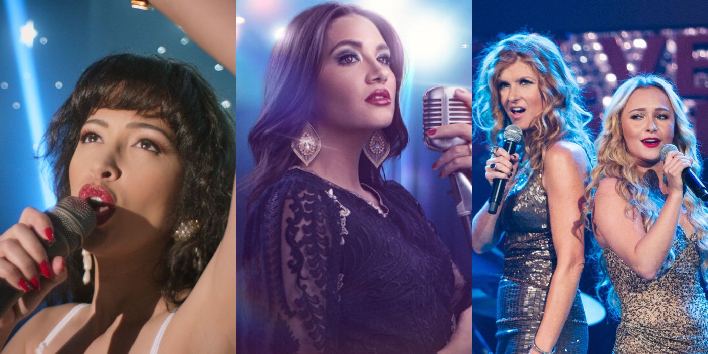 A split image of the shows Selena, The Unbroken Voice, and Nashville