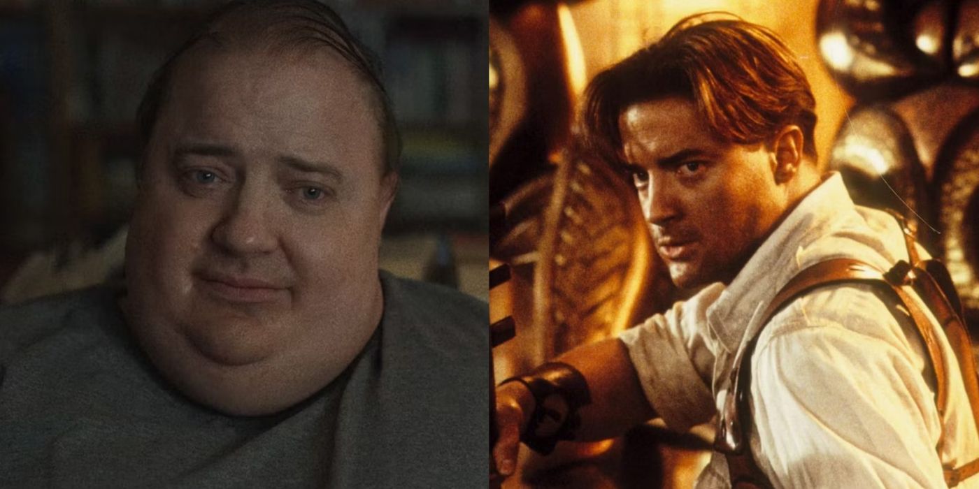 A split screen of Brendan Fraser in The Whale and The Mummy.
