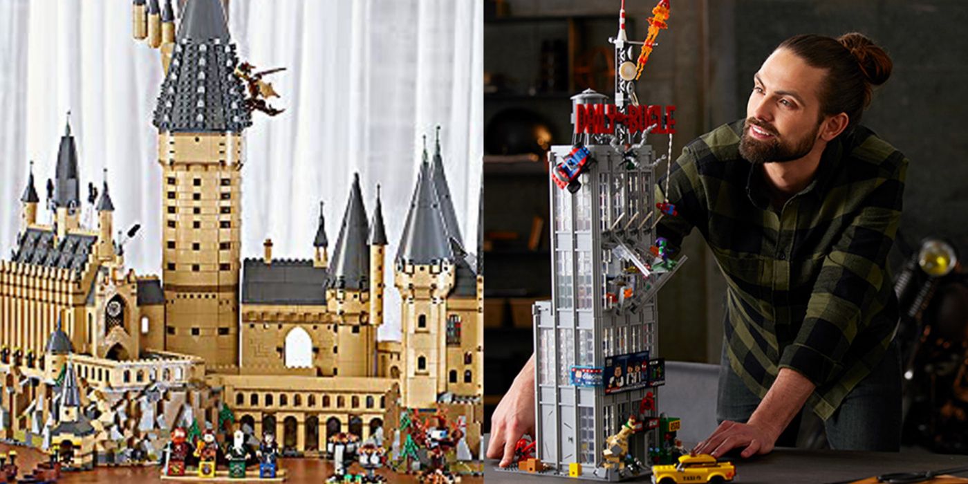 A split screen of Harry Potter and Spider-Man LEGO sets