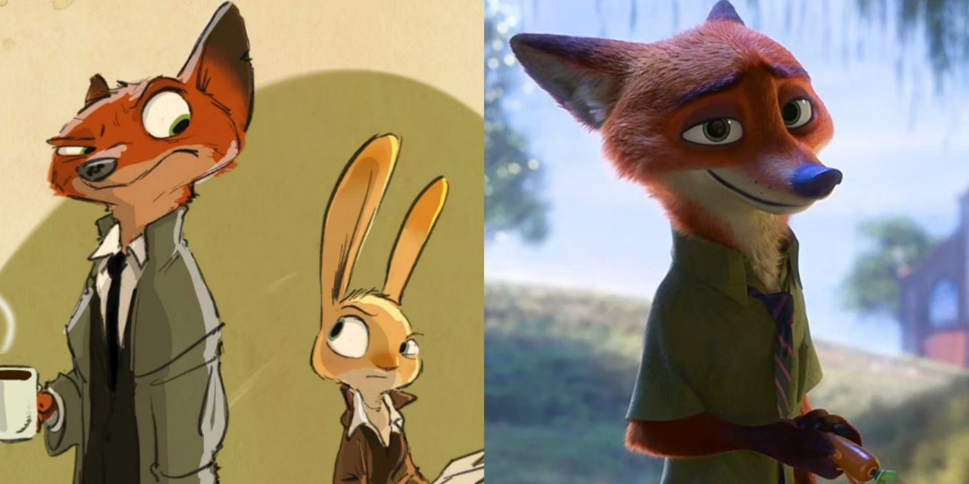 A split screen of Nick WIlde in Zootopia