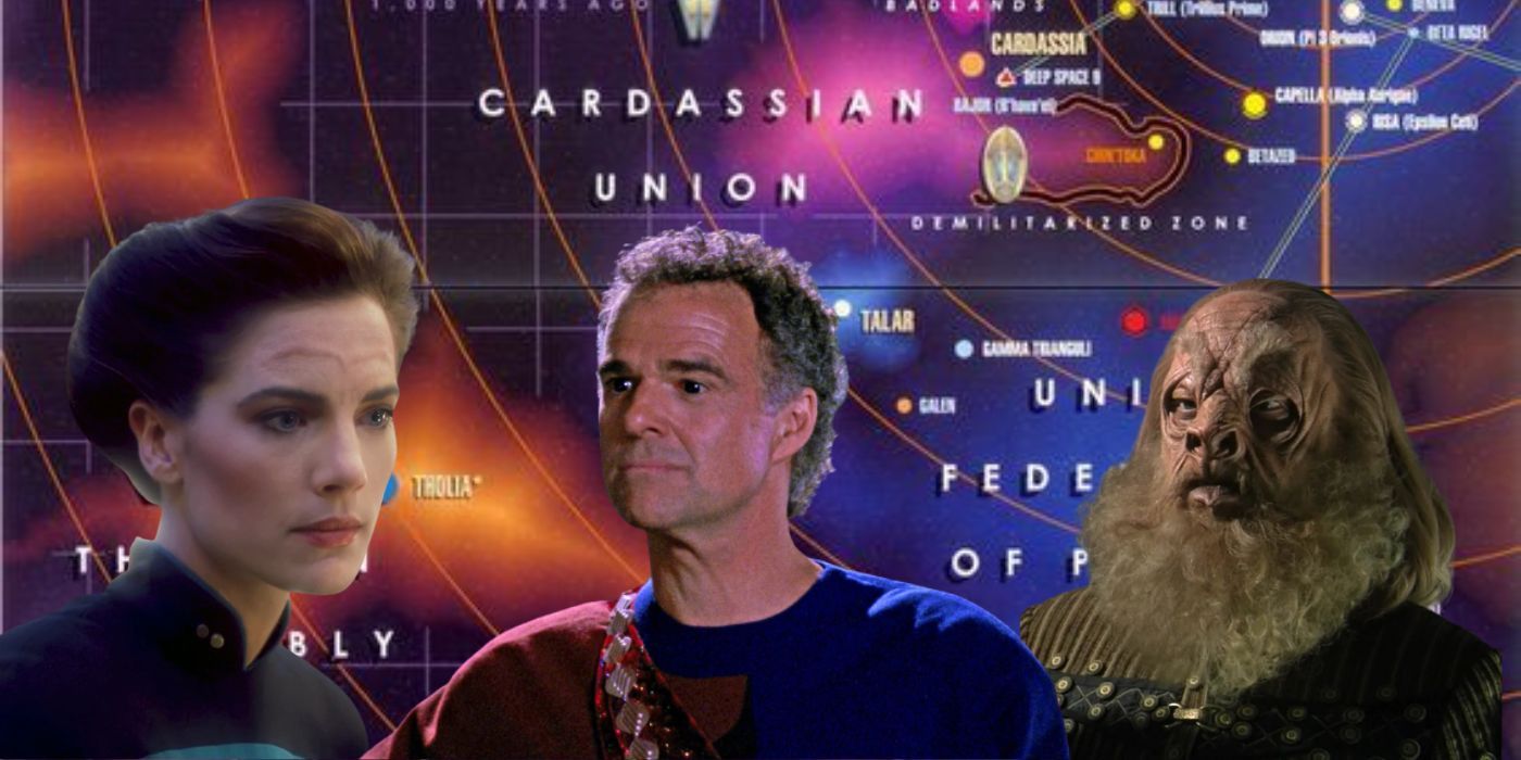 A Trill, Tellarite, and a Betazoid with the Alpha Quadrant map in the background