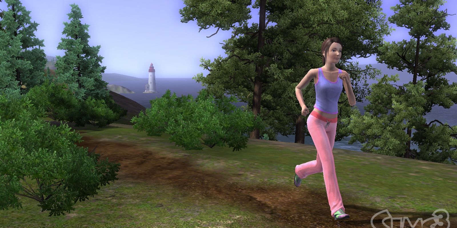 A woman running through a forest in The Sims 3