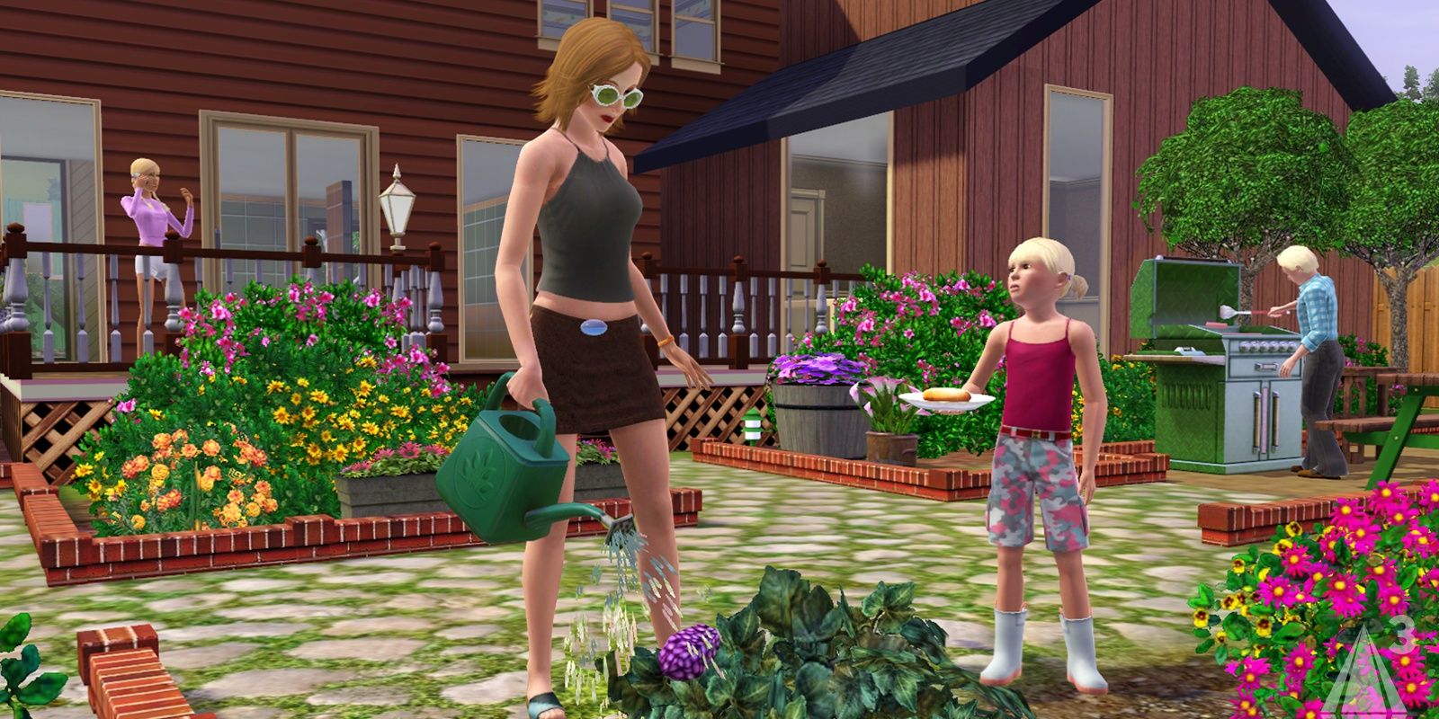 A woman waters flowers in The Sims 3