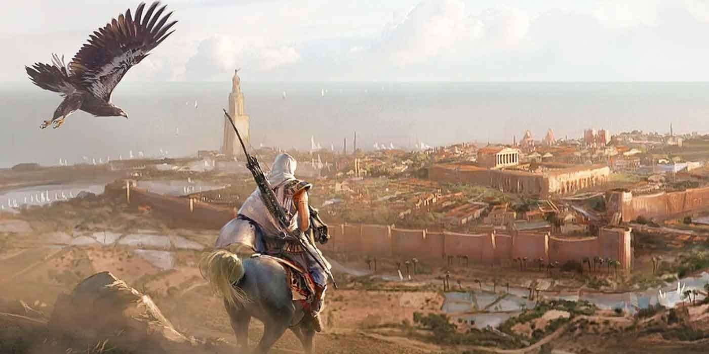 AC Mirage's Basim on a horse looking out at Baghdad with an eagle in the sky next to him.