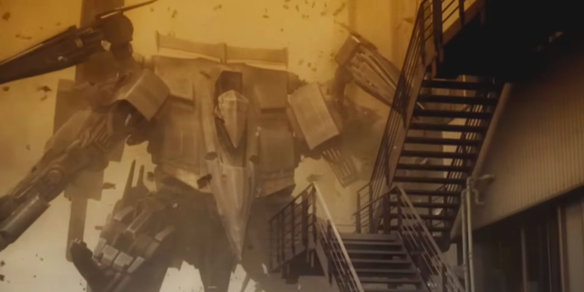 A large Armored Core mech is seen landing on a street with dust and debris cascading around it as it towers over the buildings fire escape.