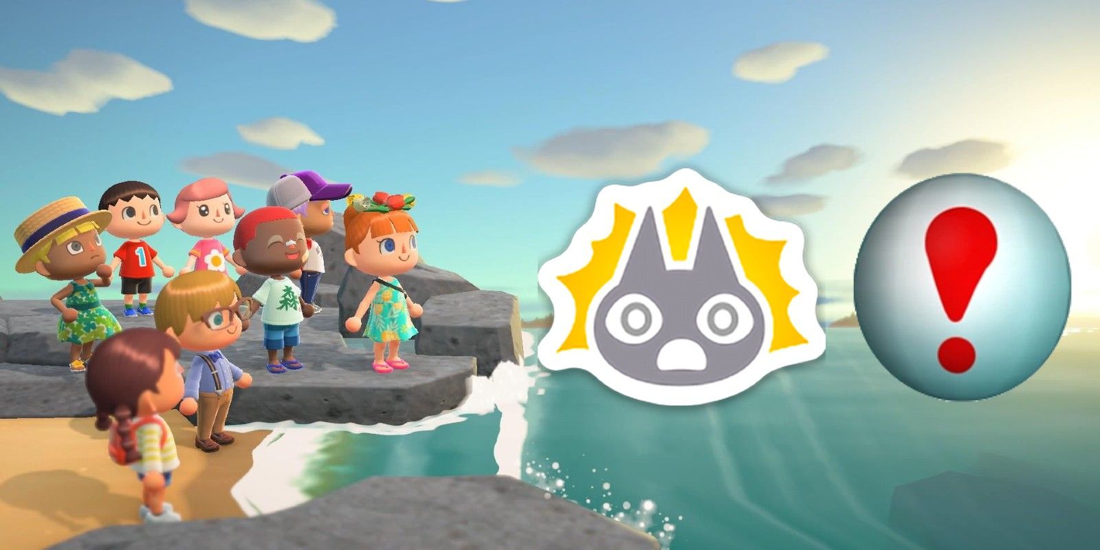 A collage from Animal Crossing: New Horizons. The background is a beach and cliffs as featured on a New Horizons Island. On the left, 8 villagers are gathered, looking out to the sea. Floating above the sea are the shock reaction symbol (left) and the pitfall seed (right) from Animal Crossing: New Horizons. 