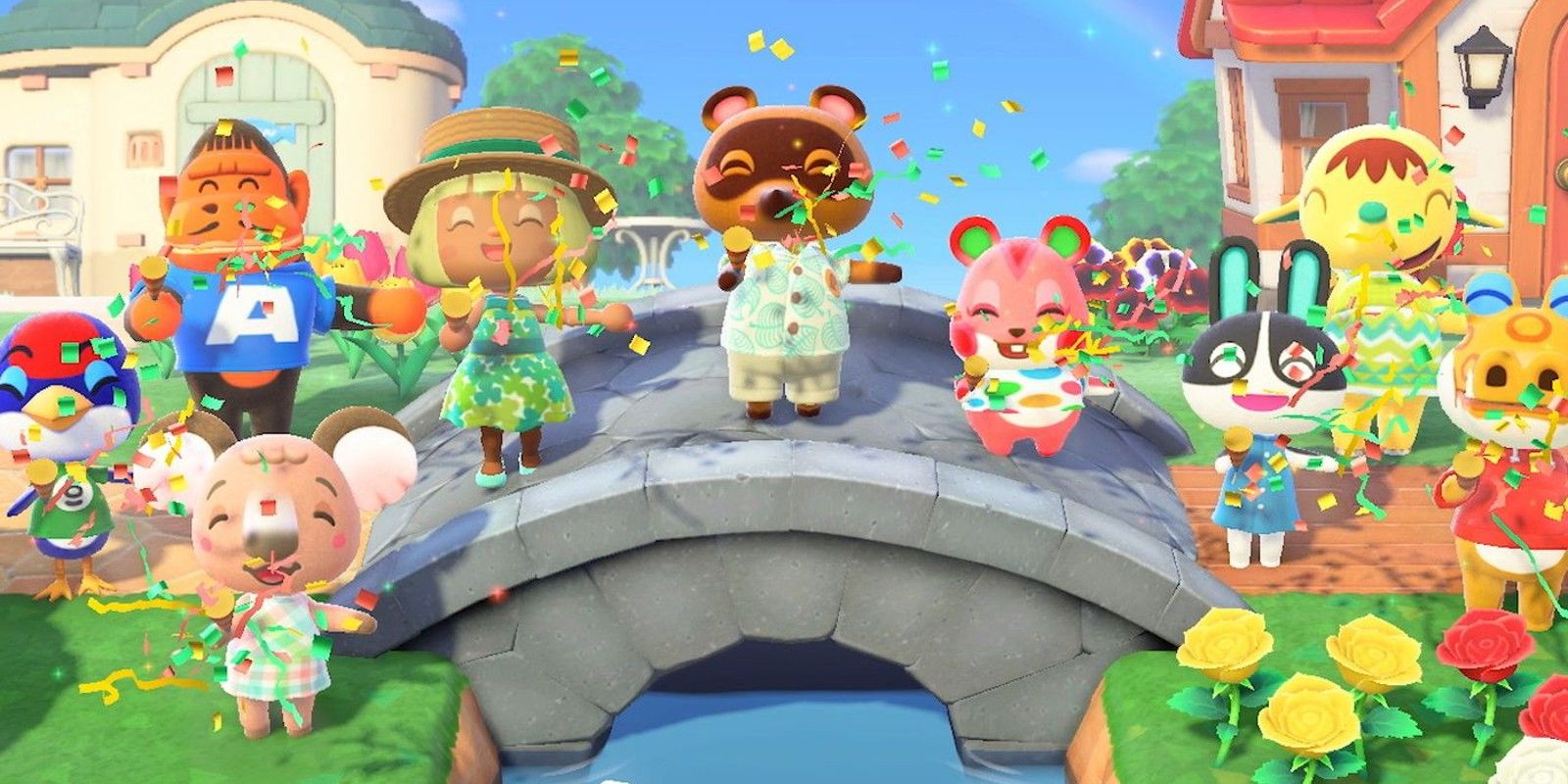 Uma imagem de um jogador comemorando a conclusão de uma ponte de pedra com Tom Nook e vários moradores em Animal Crossing: New Horizons.