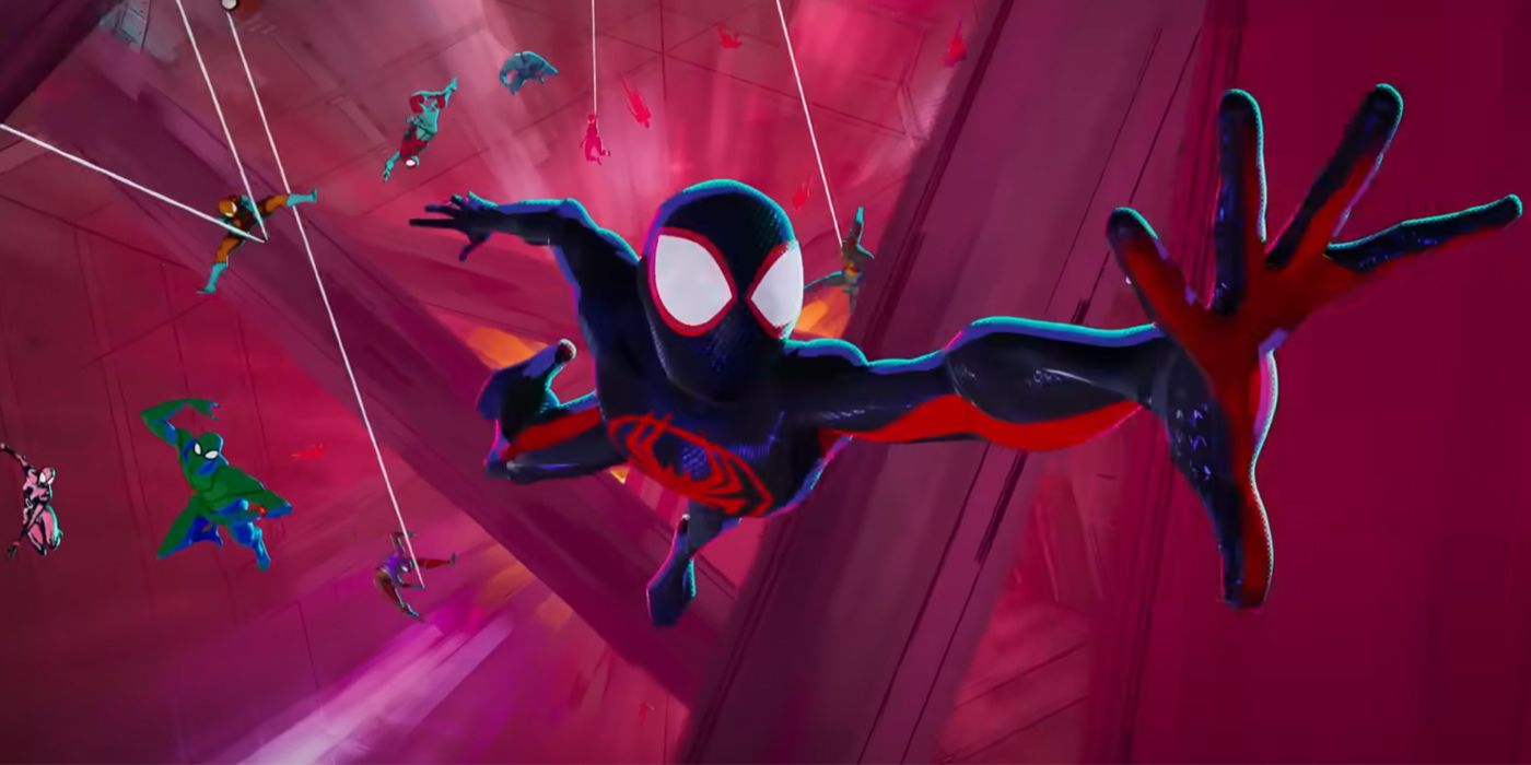 Miles chased by other Spider-Variants in Spider-Man: Across the Spider-Verse.