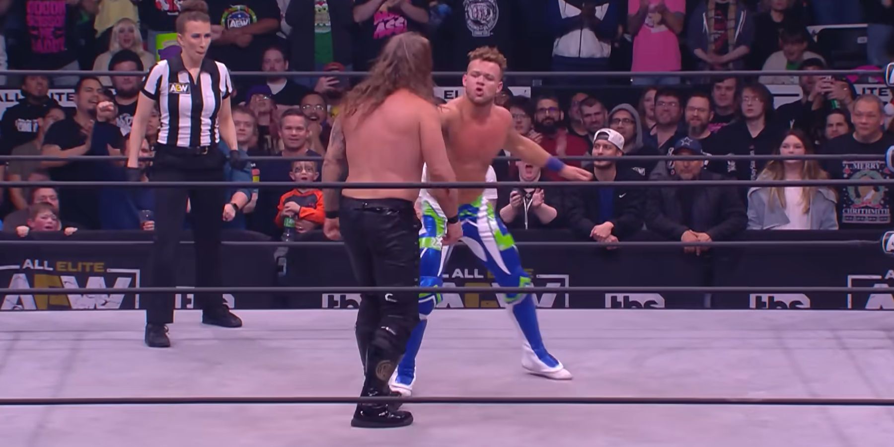 Action Andretti delivers a knife-edge chop to Chris Jericho during a match on AEW Dynamite in 2022.