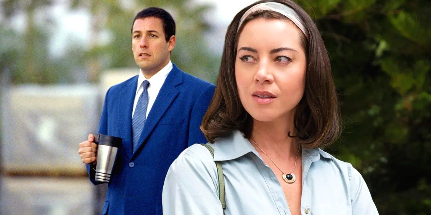 Adam Sandler in Punch Drunk Love superimposed with Aubrey Plaza from The White Lotus