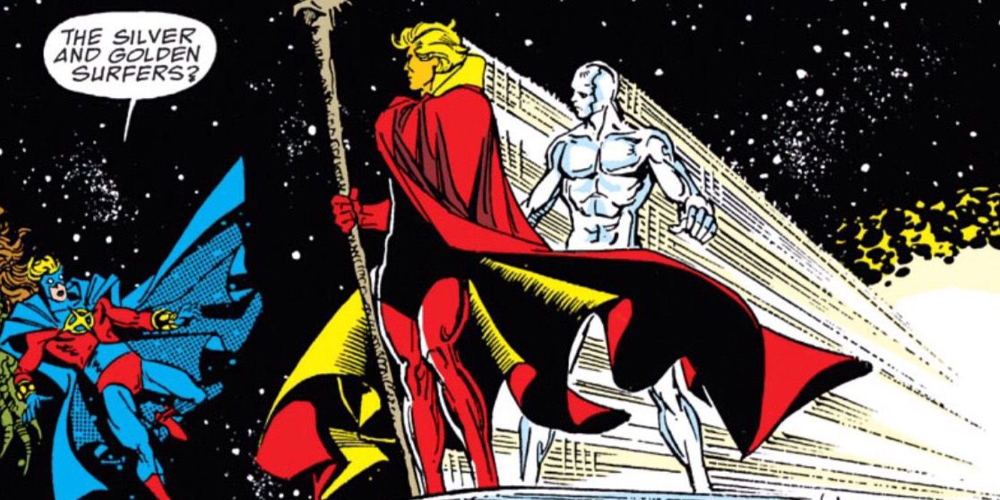 adam warlock e surfista prateado em uma cena da Marvel Comics