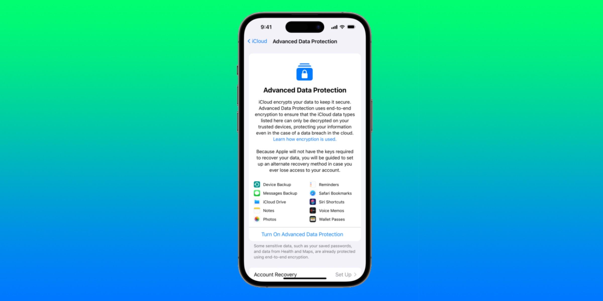 Advanced Data Protection setup screen on an iPhone 14 Pro, explaining how the feature works.