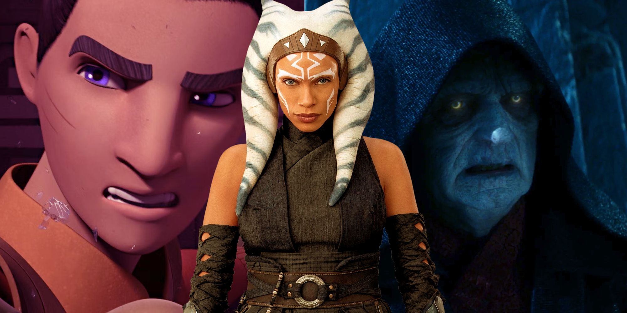 Split Image: Ezra Bridger uses the Force to protect his friends before disappearing into hyperspace; Ahsoka Tano (Rosario Dawson) gazes forward expectantly; Emperor Palpatine's eyes glow yellow in his resurrected form