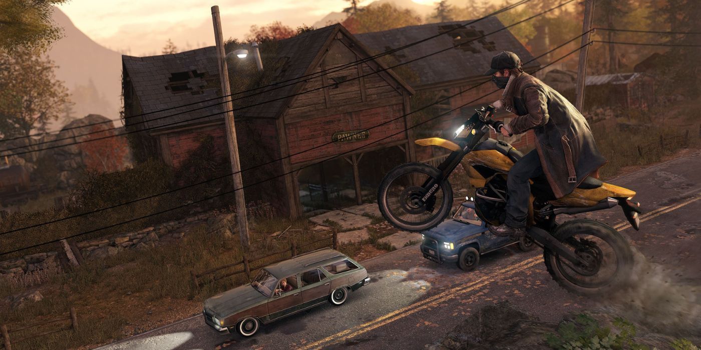 Aiden gets some air on a motorcycle in Watch Dogs 1