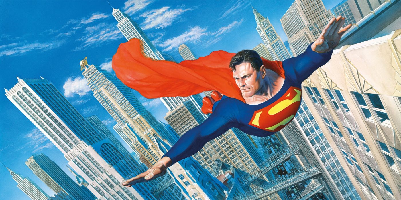 Superman voa sobre Metrópolis na arte de Alex Ross.